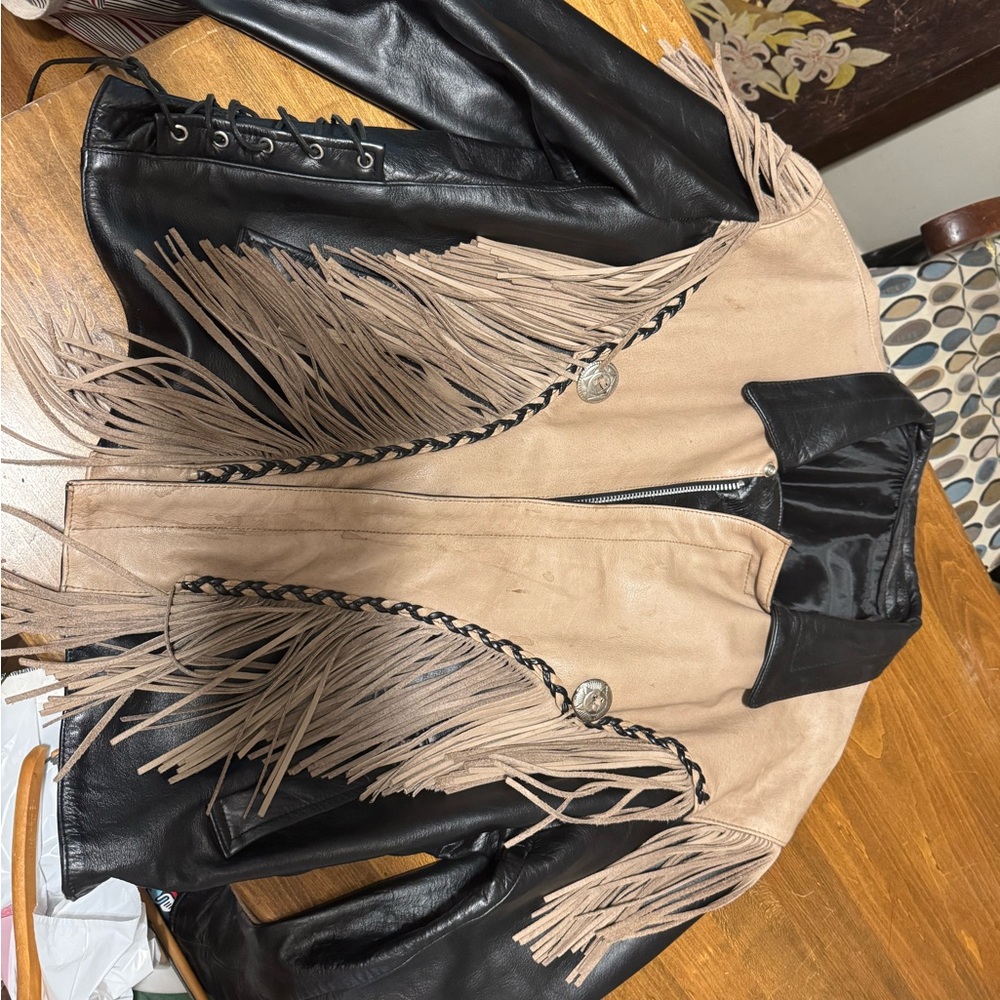 Men's XL Two-Tone Fringe Leather & Suede Jacket - Black & Tan $175